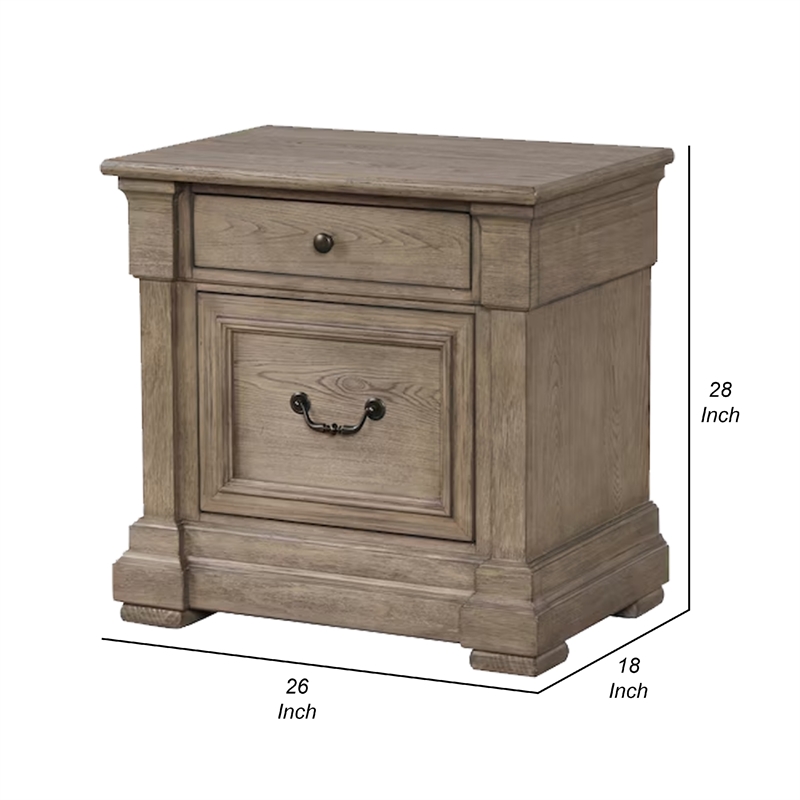 Roi Nightstand- 2 Drawers- Weathered Gray Solid Wood- 28 Inch