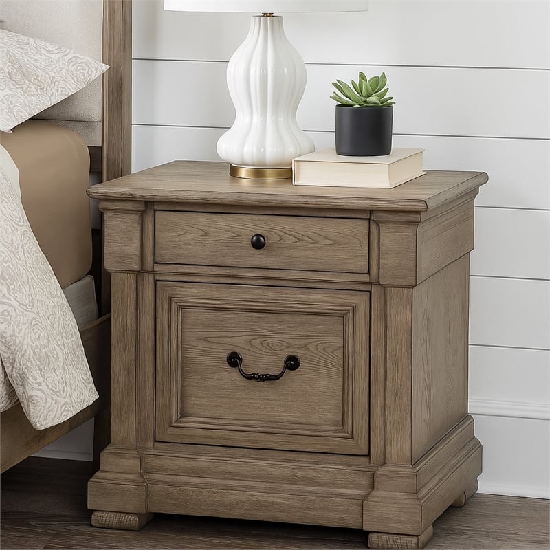 Roi Nightstand- 2 Drawers- Weathered Gray Solid Wood- 28 Inch