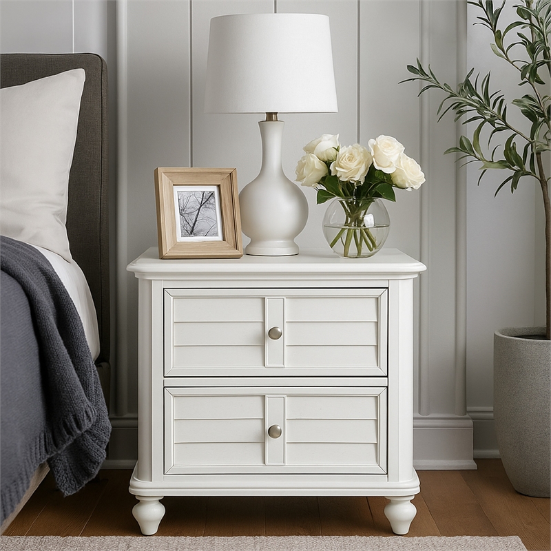 Kyna Nightstand- 2 Drawers- Classic Antique White Solid Wood- 28 Inch