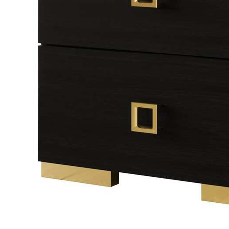Lati Nightstand-2 Drawers-Black Wood-Gold Metal-24 Inch
