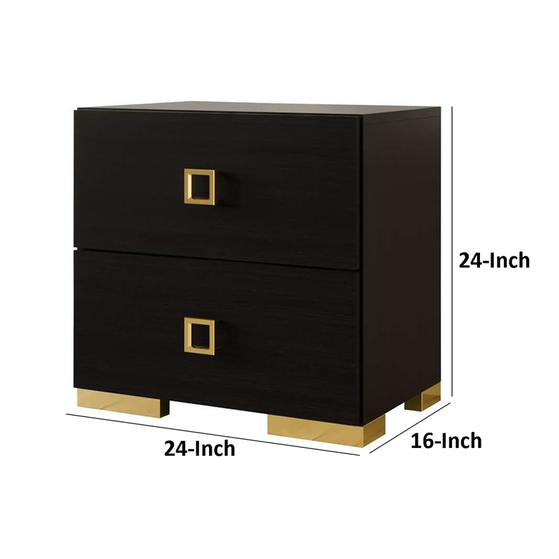 Lati Nightstand-2 Drawers-Black Wood-Gold Metal-24 Inch