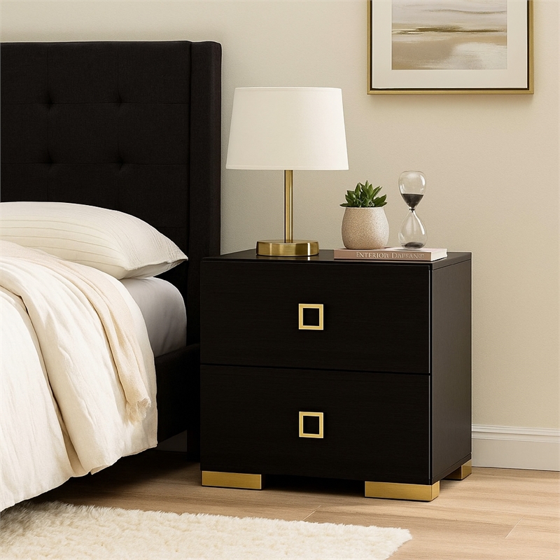 Lati Nightstand-2 Drawers-Black Wood-Gold Metal-24 Inch