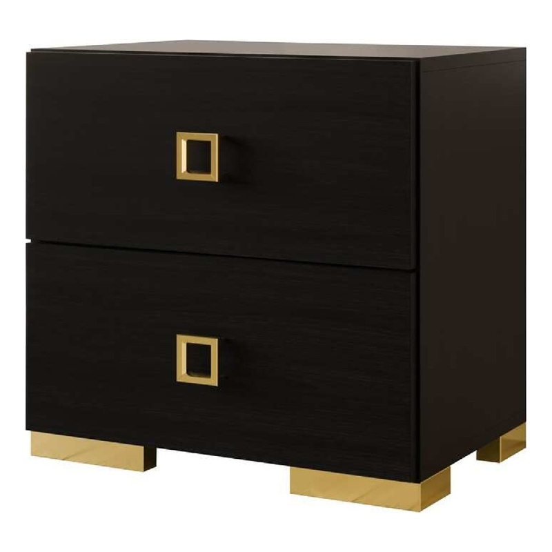 Lati Nightstand-2 Drawers-Black Wood-Gold Metal-24 Inch