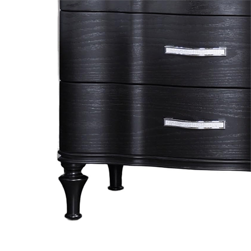 Eleena Nightstand- 3 Drawers- Black Solid Wood- Metal Handles- 28 Inch