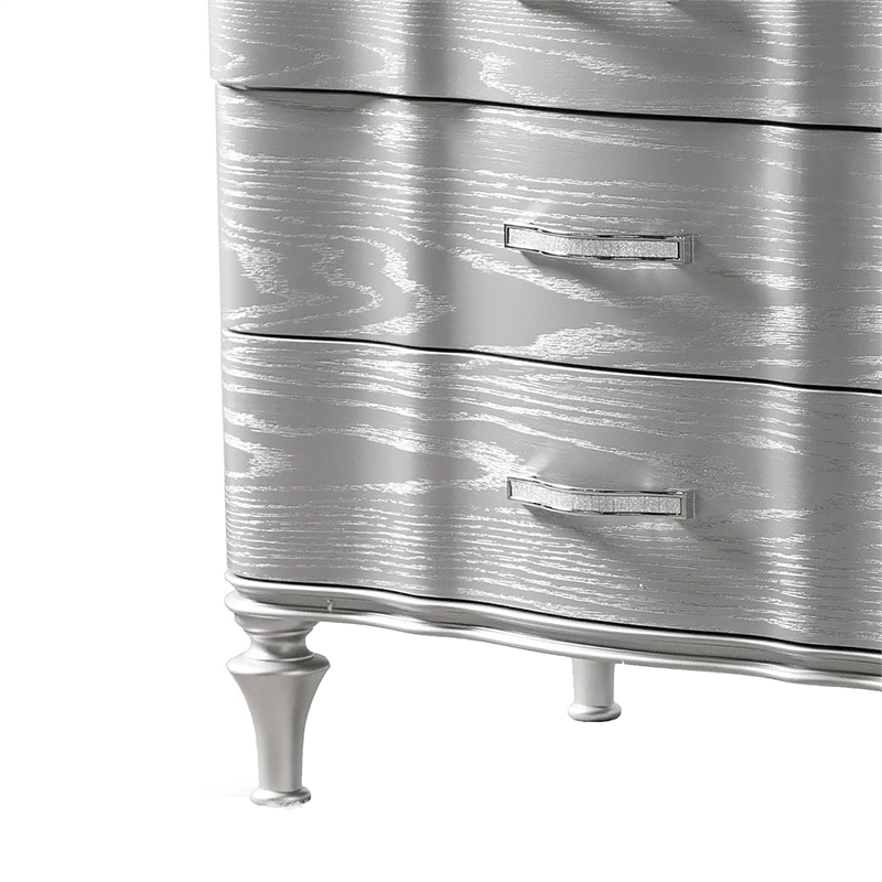 Eleena Nightstand- 3 Drawers- Silver Solid Wood- Metal Handles 28 Inch
