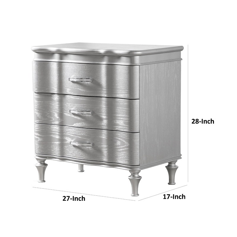 Eleena Nightstand- 3 Drawers- Silver Solid Wood- Metal Handles 28 Inch