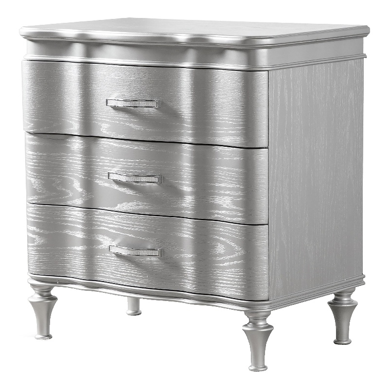Eleena Nightstand- 3 Drawers- Silver Solid Wood- Metal Handles 28 Inch