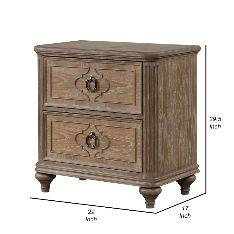 Lyla Nightstand w USB- 2 Drawers- Rustic Oak Solid Wood Frame- 30 Inch
