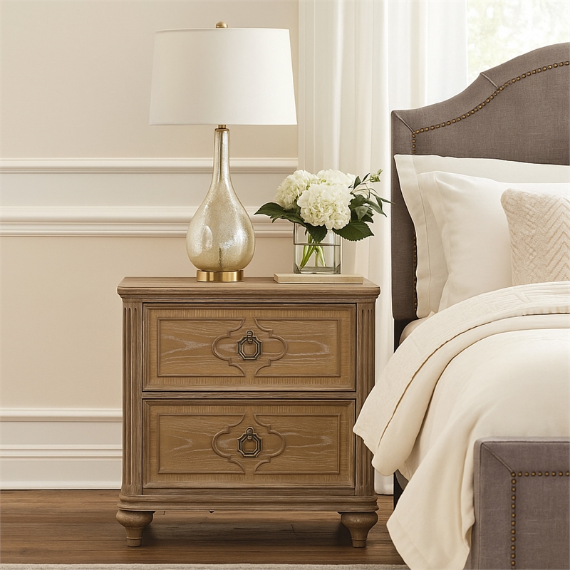 Lyla Nightstand w USB- 2 Drawers- Rustic Oak Solid Wood Frame- 30 Inch