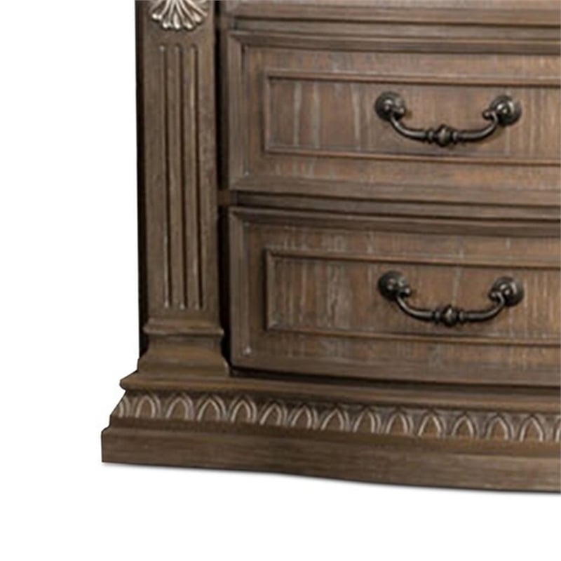Reven Nightstand- 3 Drawers- Weathered Oak Brown Wood- Metal- 31 Inch