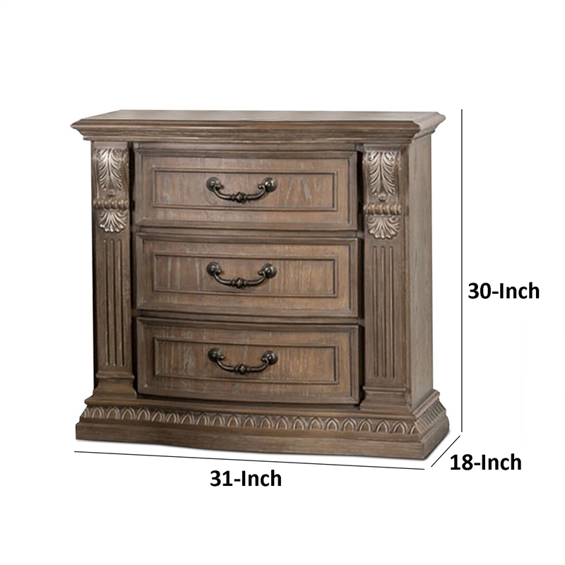Reven Nightstand- 3 Drawers- Weathered Oak Brown Wood- Metal- 31 Inch