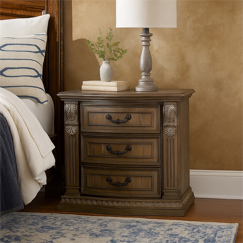 Reven Nightstand- 3 Drawers- Weathered Oak Brown Wood- Metal- 31 Inch