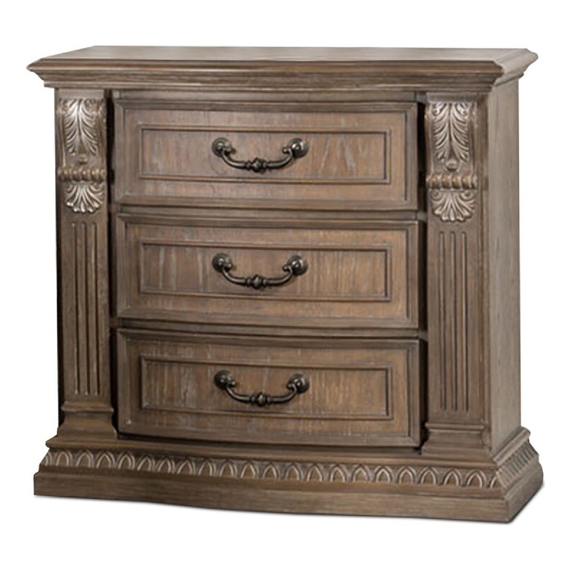 Reven Nightstand- 3 Drawers- Weathered Oak Brown Wood- Metal- 31 Inch