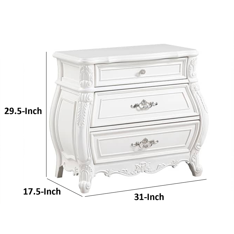 Valena Nightstand- 3 Drawers- White Solid Wood- Metal Handles- 31 Inch