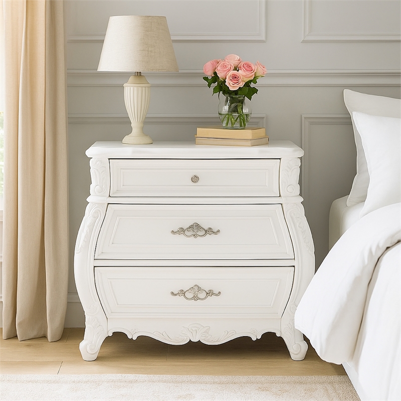 Valena Nightstand- 3 Drawers- White Solid Wood- Metal Handles- 31 Inch