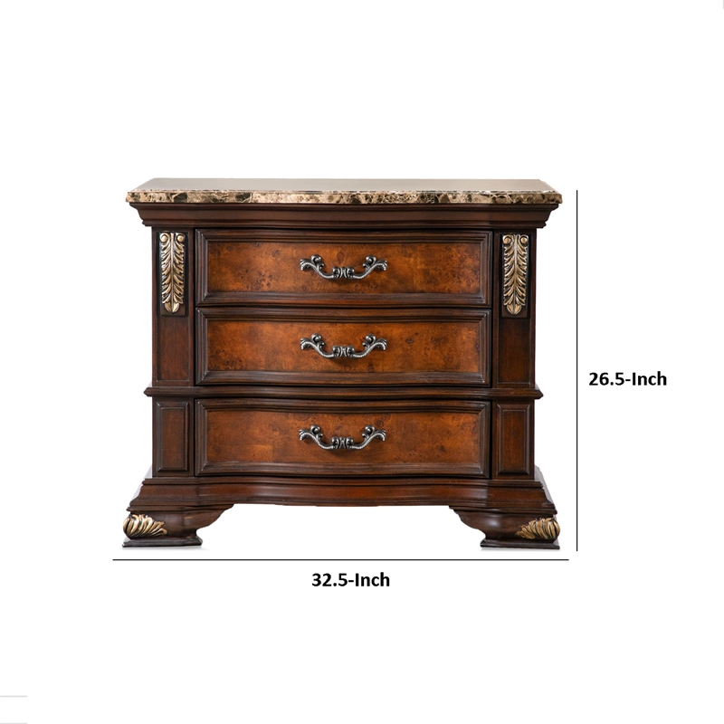 Iliana Nightstand- 3 Drawers- Ornate Oak and Dark Cherry Brown- 33 Inch