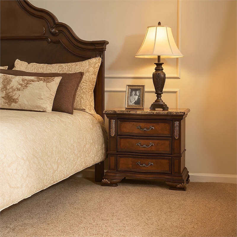 Iliana Nightstand- 3 Drawers- Ornate Oak and Dark Cherry Brown- 33 Inch