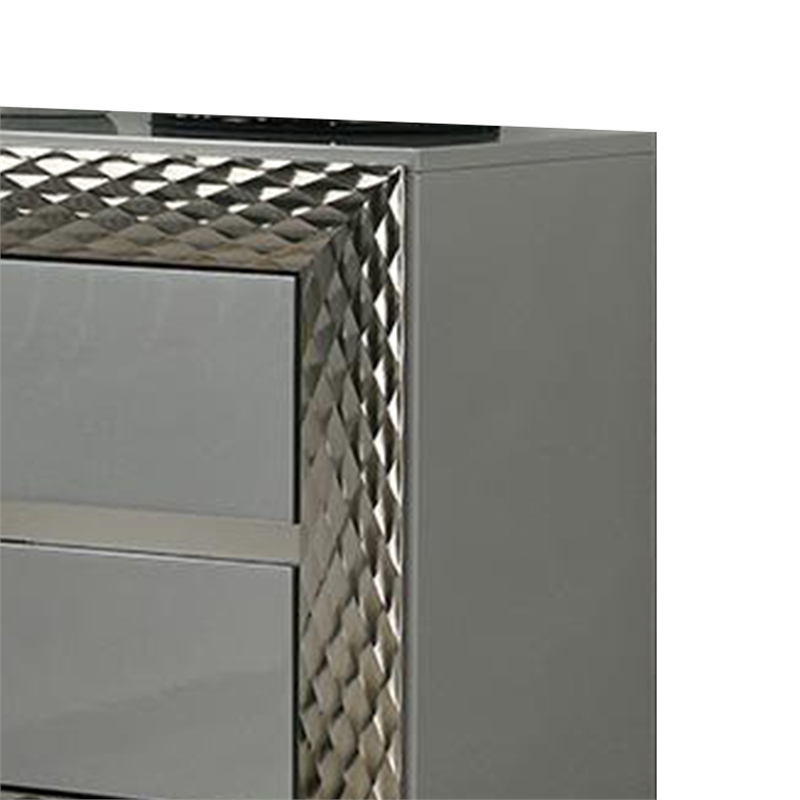 Vino 2 Drawer Nightstand- Plinth Base Gray Wood wity Silver Trim