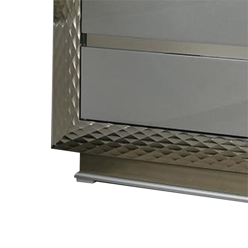 Vino 2 Drawer Nightstand- Plinth Base Gray Wood wity Silver Trim