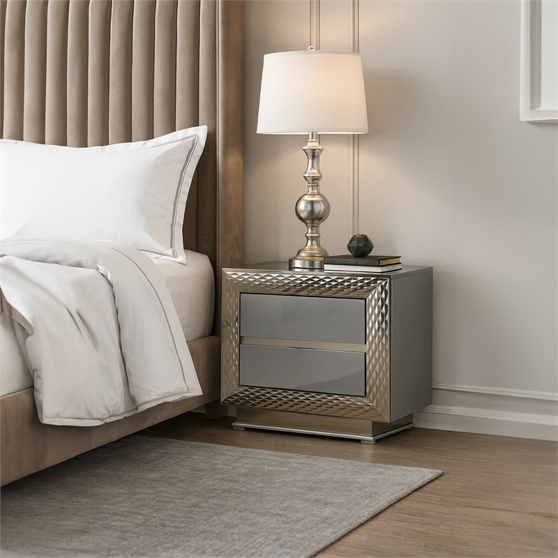 Vino 2 Drawer Nightstand- Plinth Base Gray Wood wity Silver Trim