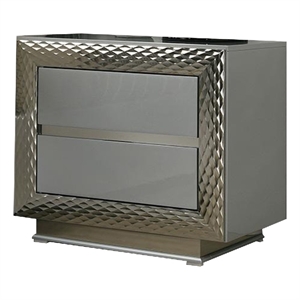 Vino 2 Drawer Nightstand- Plinth Base Gray Wood wity Silver Trim