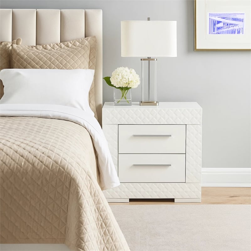 Dema 2 Drawer Nightstand- High Gloss White Textured Trim
