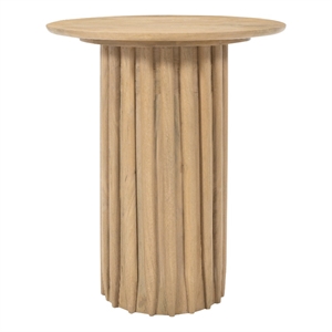 Side End Table- 20 Inch Round Top with Fluted Base in Natural Brown Mango Wood