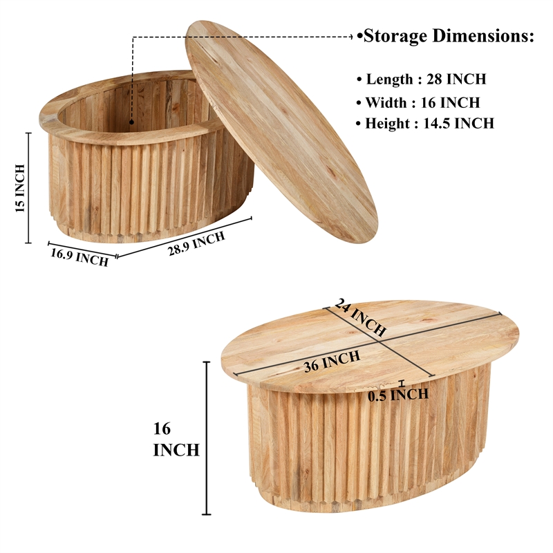 Muna Coffee Table- 36 Inch Oval Top- Handcrafted in  Mango Wood