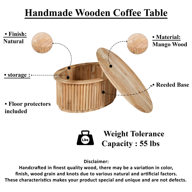 Muna Coffee Table- 36 Inch Oval Top- Handcrafted in  Mango Wood