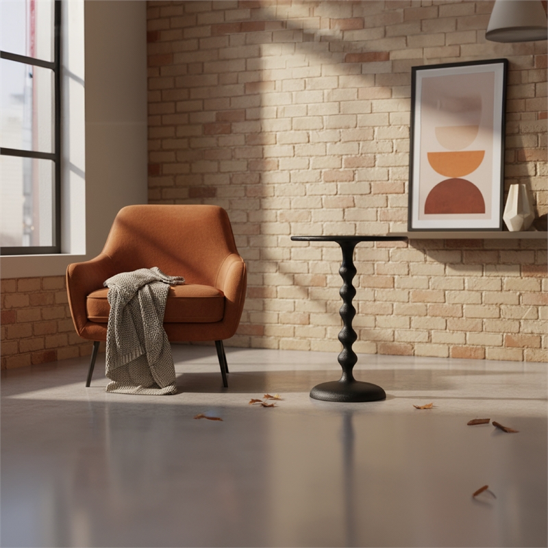 Shae 22 Inch Round Side End Table - Matte Black Aluminum Cast- Hammered Texture