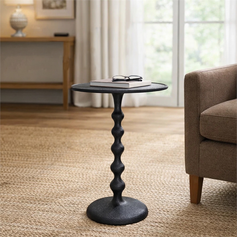 Shae 22 Inch Round Side End Table - Matte Black Aluminum Cast- Hammered Texture