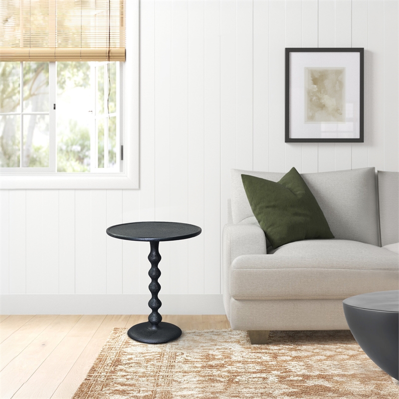 Shae 22 Inch Round Side End Table - Matte Black Aluminum Cast- Hammered Texture