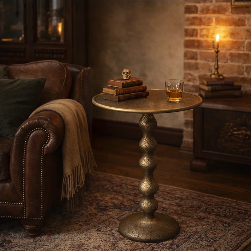 Shae 22 Inch Round Side End Table-Antique Brass Cast Aluminum