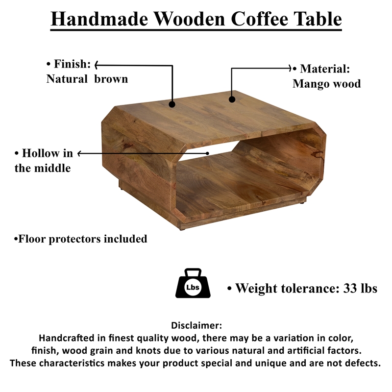 30 Inch Coffee Table- Handcrafted Hollow Cube Shape
