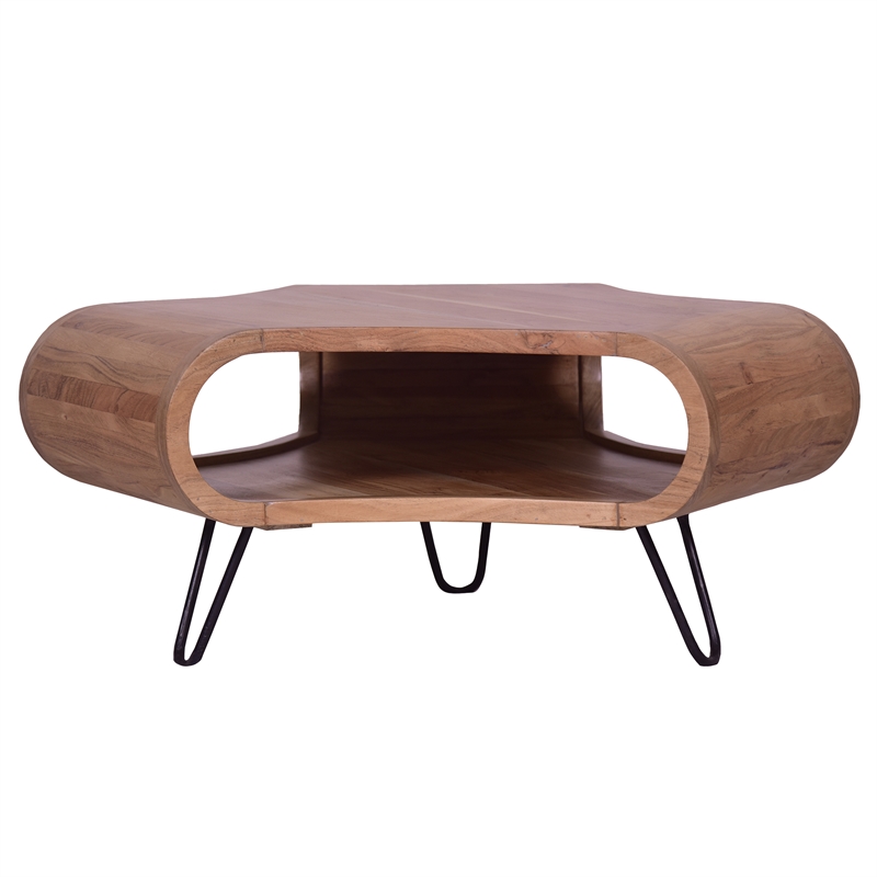 37 Inch Coffee Table- Handcrafted Curved Hexagon Shape with Open Shelf