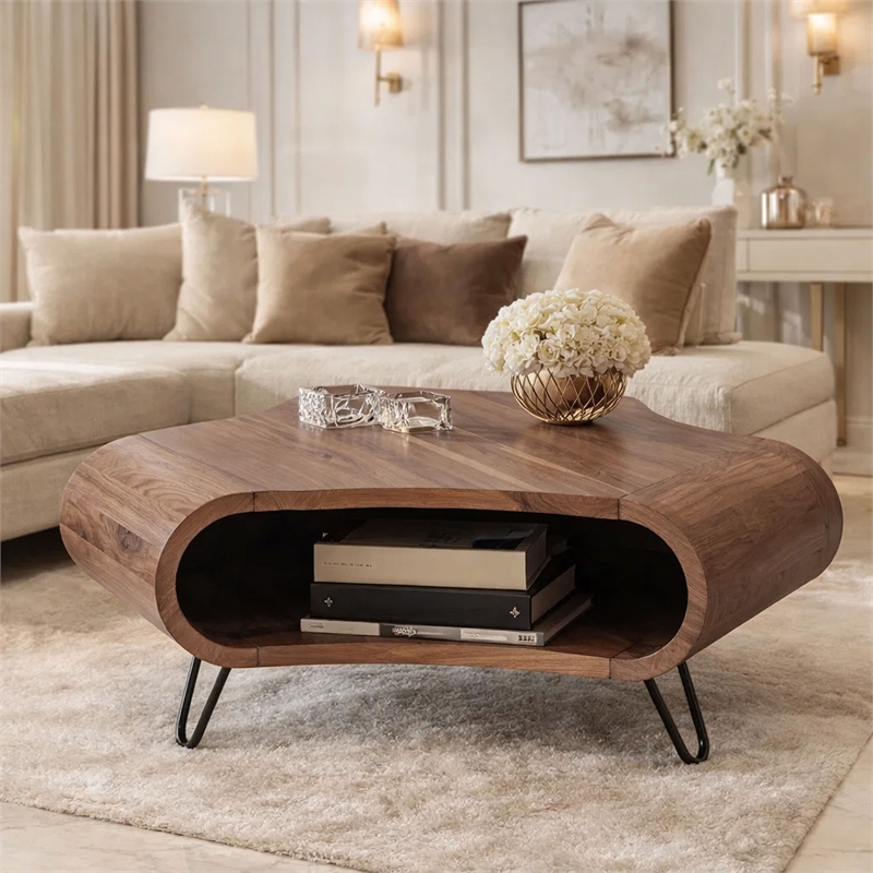 37 Inch Coffee Table- Handcrafted Curved Hexagon Shape with Open Shelf