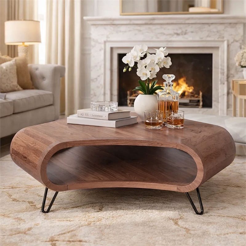 37 Inch Coffee Table- Handcrafted Curved Hexagon Shape with Open Shelf