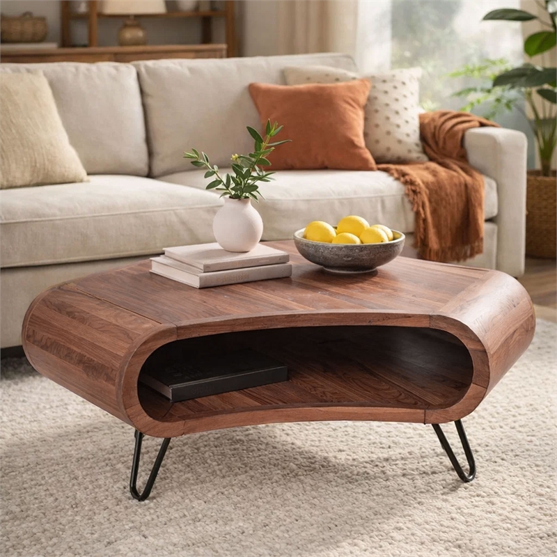 37 Inch Coffee Table- Handcrafted Curved Hexagon Shape with Open Shelf