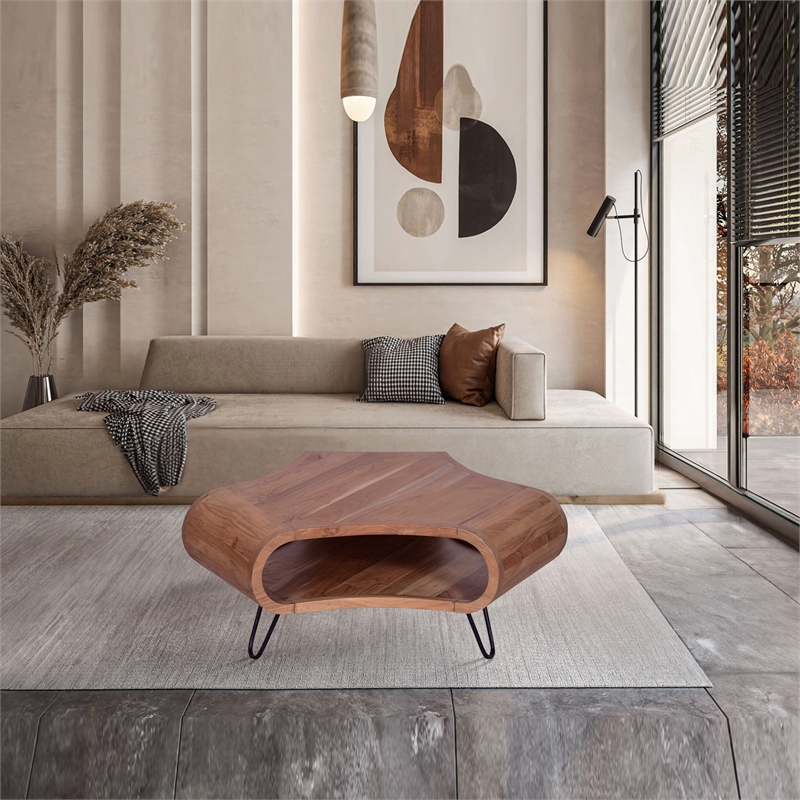 37 Inch Coffee Table- Handcrafted Curved Hexagon Shape with Open Shelf
