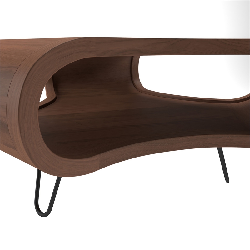 37 Inch Coffee Table- Handcrafted Curved Hexagon Shape with Open Shelf