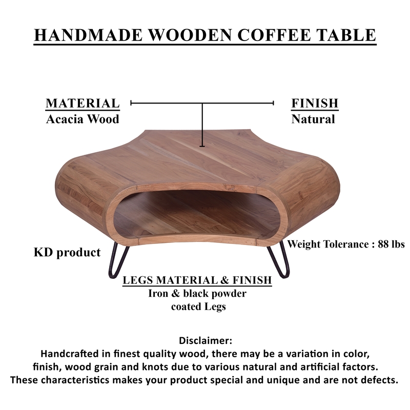 37 Inch Coffee Table- Handcrafted Curved Hexagon Shape with Open Shelf