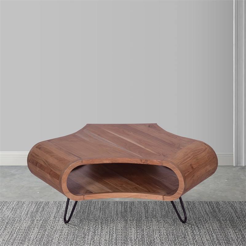 37 Inch Coffee Table- Handcrafted Curved Hexagon Shape with Open Shelf