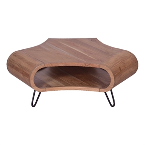 37 Inch Coffee Table- Handcrafted Curved Hexagon Shape with Open Shelf
