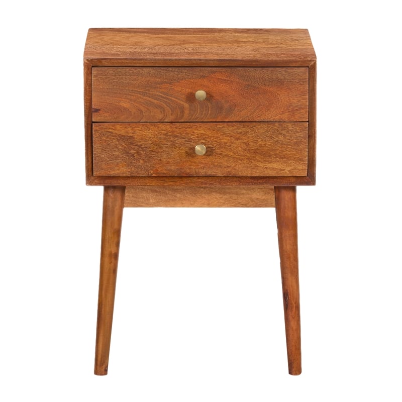 Nali Bedside Nightstand Table- 2 Drawers- Natural Brown Mango Wood- Brass Knobs
