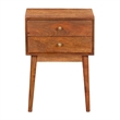 Nali Bedside Nightstand Table- 2 Drawers- Natural Brown Mango Wood- Brass Knobs