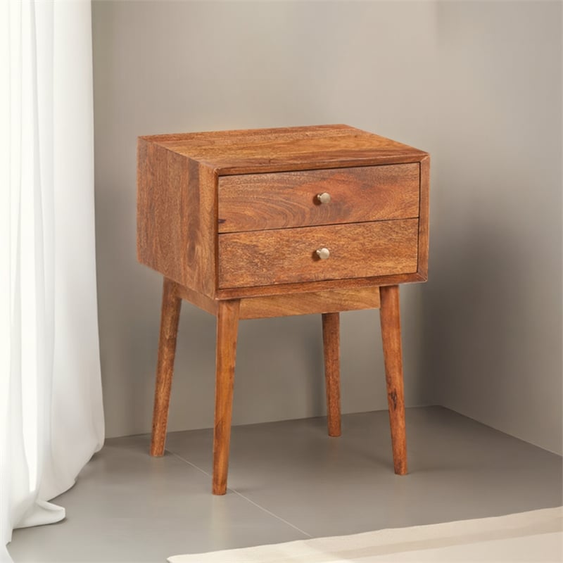 Nali Bedside Nightstand Table- 2 Drawers- Natural Brown Mango Wood- Brass Knobs