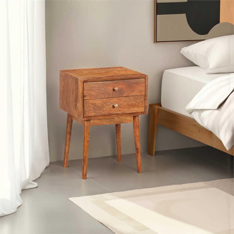 Nali Bedside Nightstand Table- 2 Drawers- Natural Brown Mango Wood- Brass Knobs
