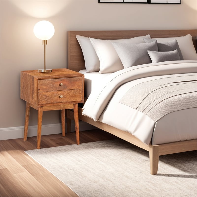 Nali Bedside Nightstand Table- 2 Drawers- Natural Brown Mango Wood- Brass Knobs