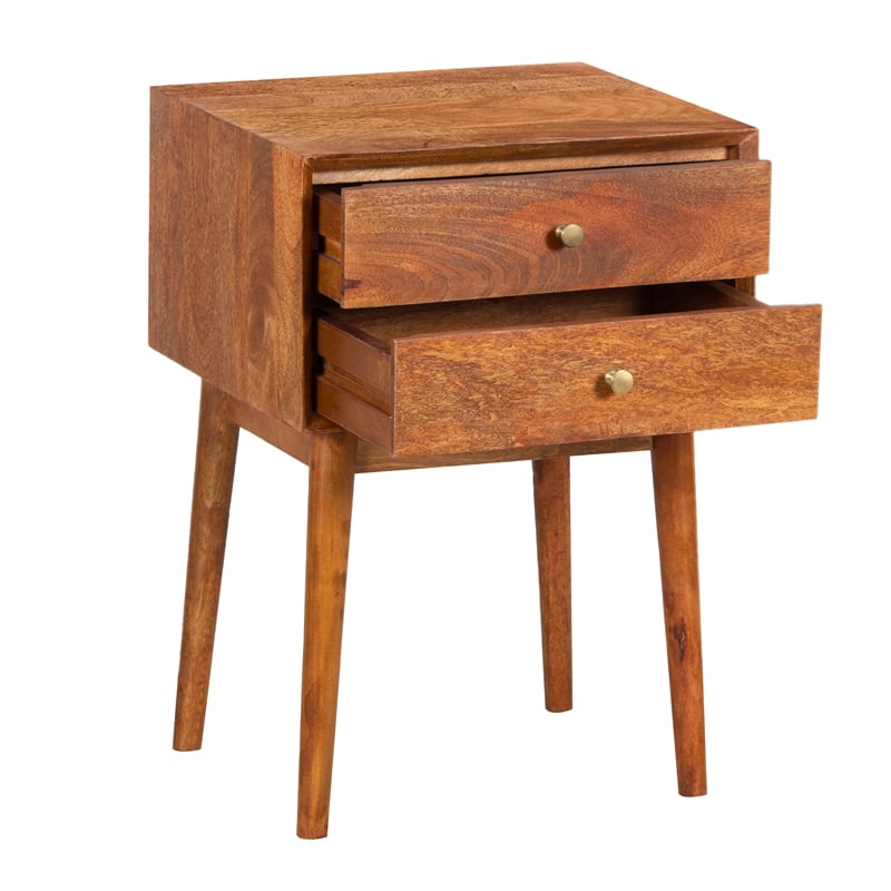 Nali Bedside Nightstand Table- 2 Drawers- Natural Brown Mango Wood- Brass Knobs