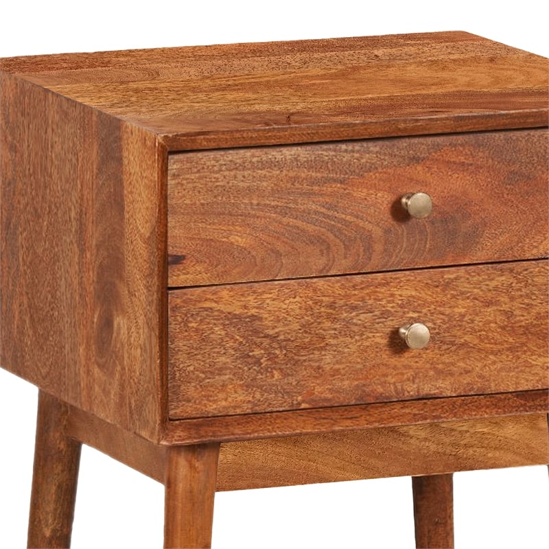 Nali Bedside Nightstand Table- 2 Drawers- Natural Brown Mango Wood- Brass Knobs